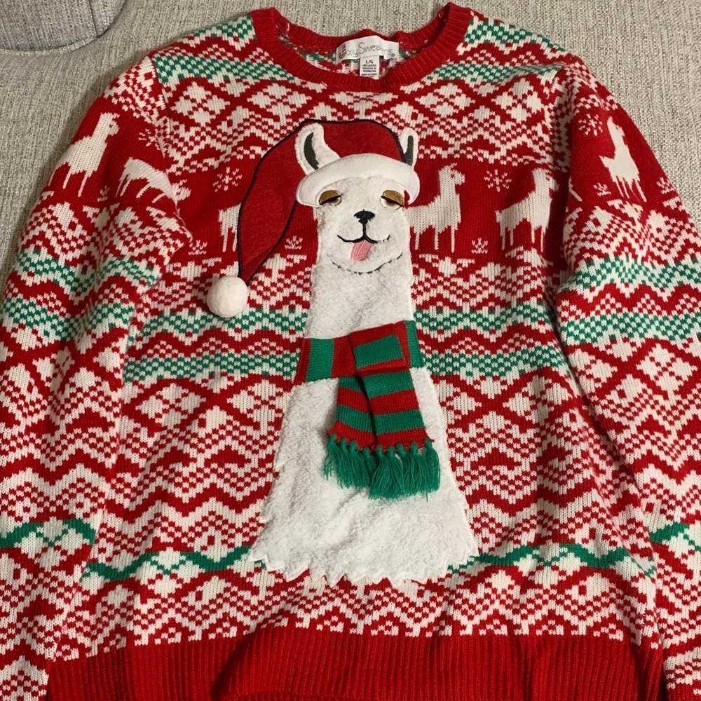 Ugly Christmas Sweater Novelty Llama Santa Fair Isle 3D Pom Pom Size Large - Picture 5 of 8